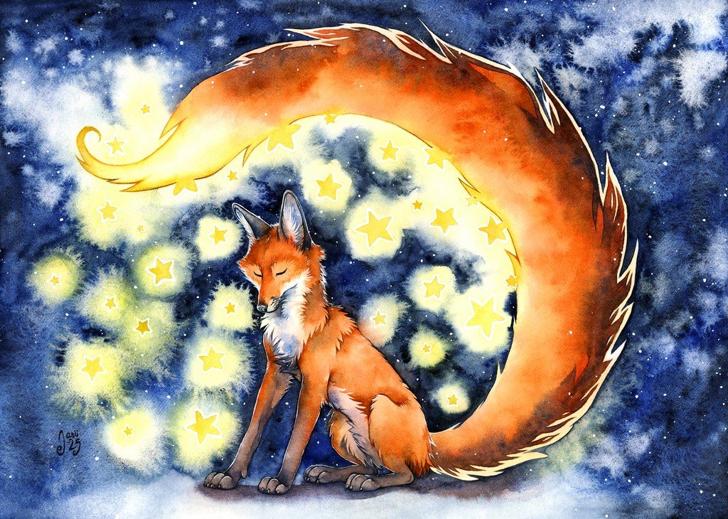 Watercolor of a fox with a great glowing tail curled around a field of stars