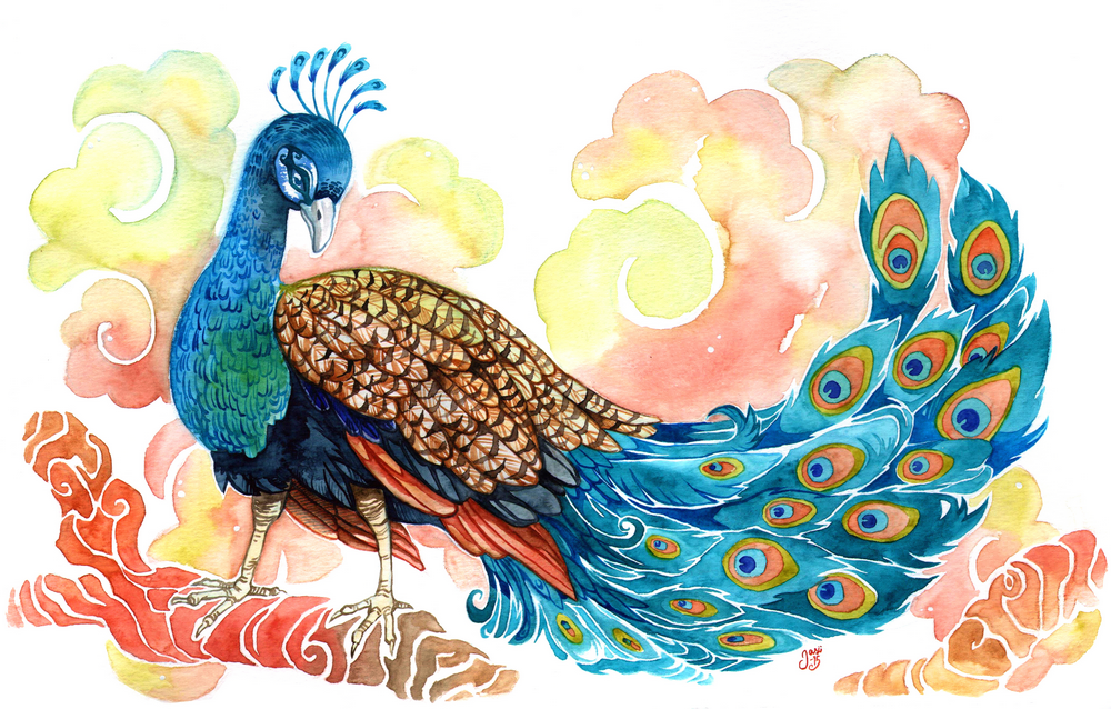 Peacock
I actually wanted to have the peacock with his tail spread open, but considered it as too much work and effort. Needless to say, this is one of my early creations, painted before Jasu Wonder World Company was official. I hadn’t yet started creating my large-scale paintings and had yet to develop my patience and ambition.
