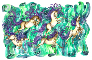 Aurora Borealis
The dancing horses portray the way the northern lights dance on the sky. The making of this painting was quite a challenge since the original painting is one of the largest I’ve ever made and I had trouble keeping it from falling off my working table. 

{j2store}281|cart{/j2store}