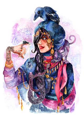 Medusa
When I started sketching “Medusa” I only had the lady in my mind. Then, as I proceeded with the sketch she was accompanied with a cat, a crow and the spiders. This happens to me quite often though: the final idea of an artwork gets clear to me only when I’m putting it on the paper.
