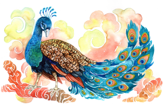 Peacock
I actually wanted to have the peacock with his tail spread open, but considered it as too much work and effort. Needless to say, this is one of my early creations, painted before Jasu Wonder World Company was official. I hadn’t yet started creating my large-scale paintings and had yet to develop my patience and ambition.
