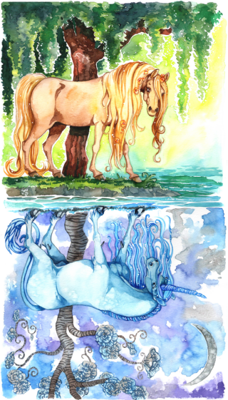 Reflection
One of the regularly appearing themes in my paintings: Two opposites coming together. I have a great fascination for the bond that the nature has created between a male and a female.
