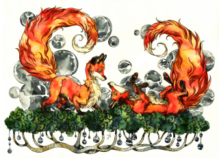 Spiral Tails 
Out of a plain desire to create playful foxes, for they are one of my favorite art subjects.
