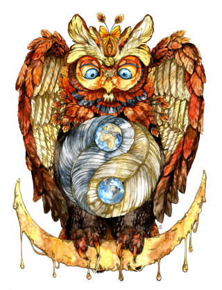 The Observer
I have grown out of deep depression by learning how to observe my inner world without judging it. This painting reflects the process of learning how to listen: The owl is a silent observer, the awareness, looking at the world and seeing everything happen: the good and the bad. Still, the observer never judges what she sees. 
