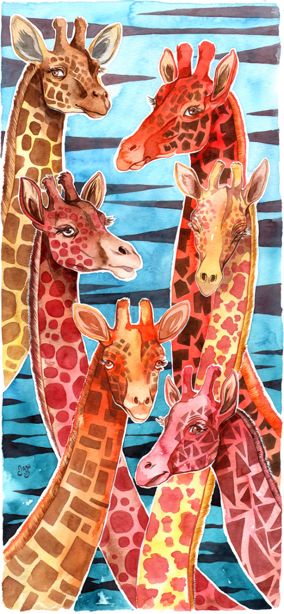 Patter necks
I generally like different graphic patterns and the spots of a giraffe felt like a perfect target for some pattern-design. This was one of the very first paintings I created after making the decision to make a living as an artist. However, if I was to re-create this painting now, I’d make the patterns way more complex.
