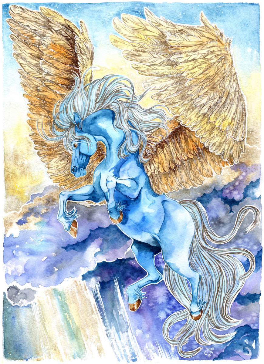 Pegasus
My original vision for this horse was not as blue as it came out to be. I only used blue for shading, and the first color layer of the horse was very blue to start with. However, I often learn the best when I make little “mistakes” like this. They work as steps that are needed on a journey to improvement. I’m happy with the way the final painting turned out and now, I have learned to combine different colors to deepen the shadows of my paintings in a way that brings more balance to the overall color scheme.
