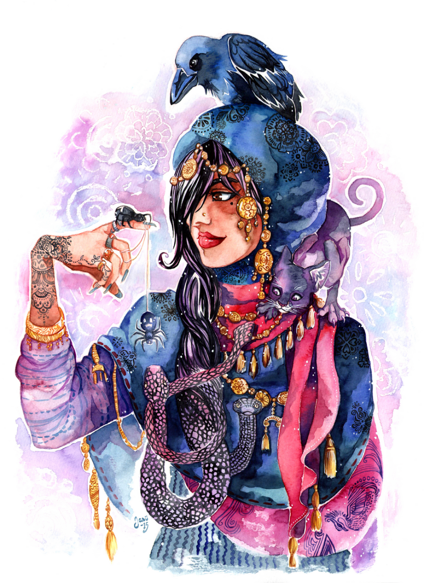 Medusa
When I started sketching “Medusa” I only had the lady in my mind. Then, as I proceeded with the sketch she was accompanied with a cat, a crow and the spiders. This happens to me quite often though: the final idea of an artwork gets clear to me only when I’m putting it on the paper.
