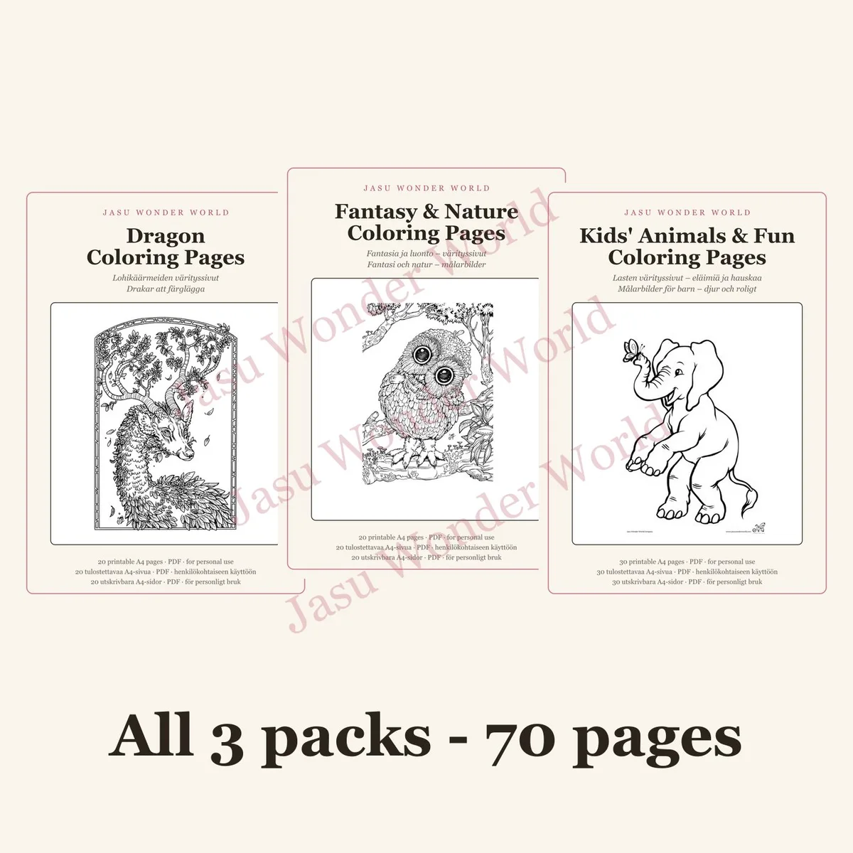 Kaikki 3 värityssivupakettia - tulostettava PDF-paketti (70 sivua)