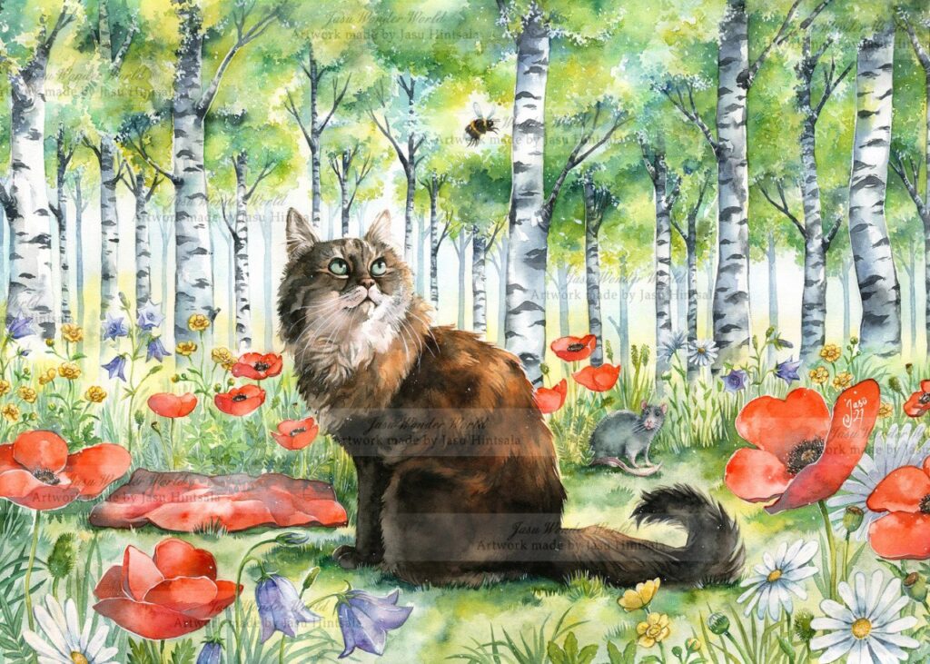 Watercolor Painting Commission: Cat on a Flower-Filled Forest Clearing