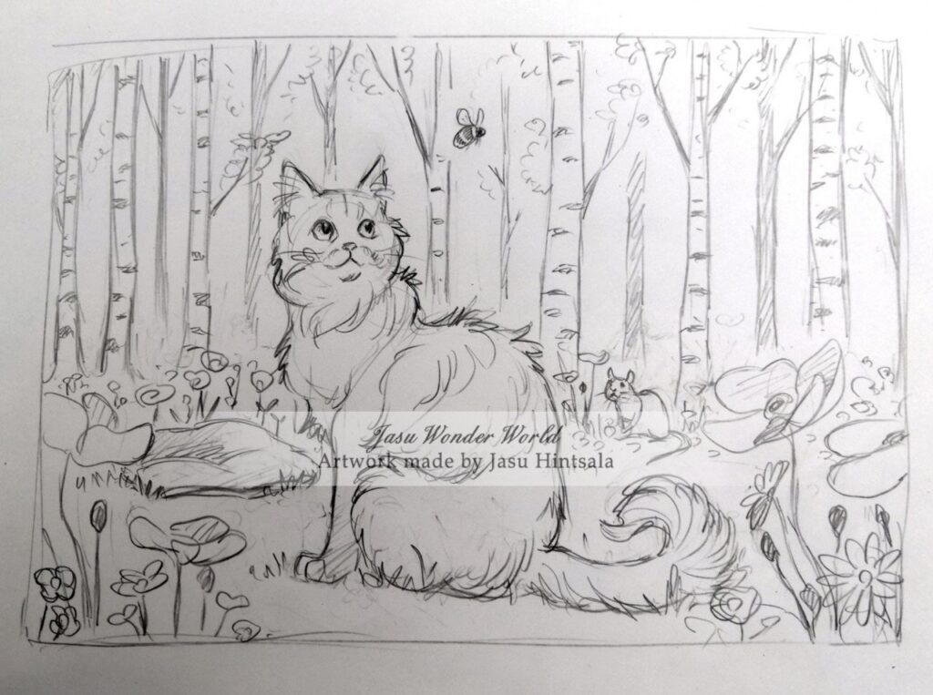 Watercolor Painting Commission: Cat on a Flower-Filled Forest Clearing