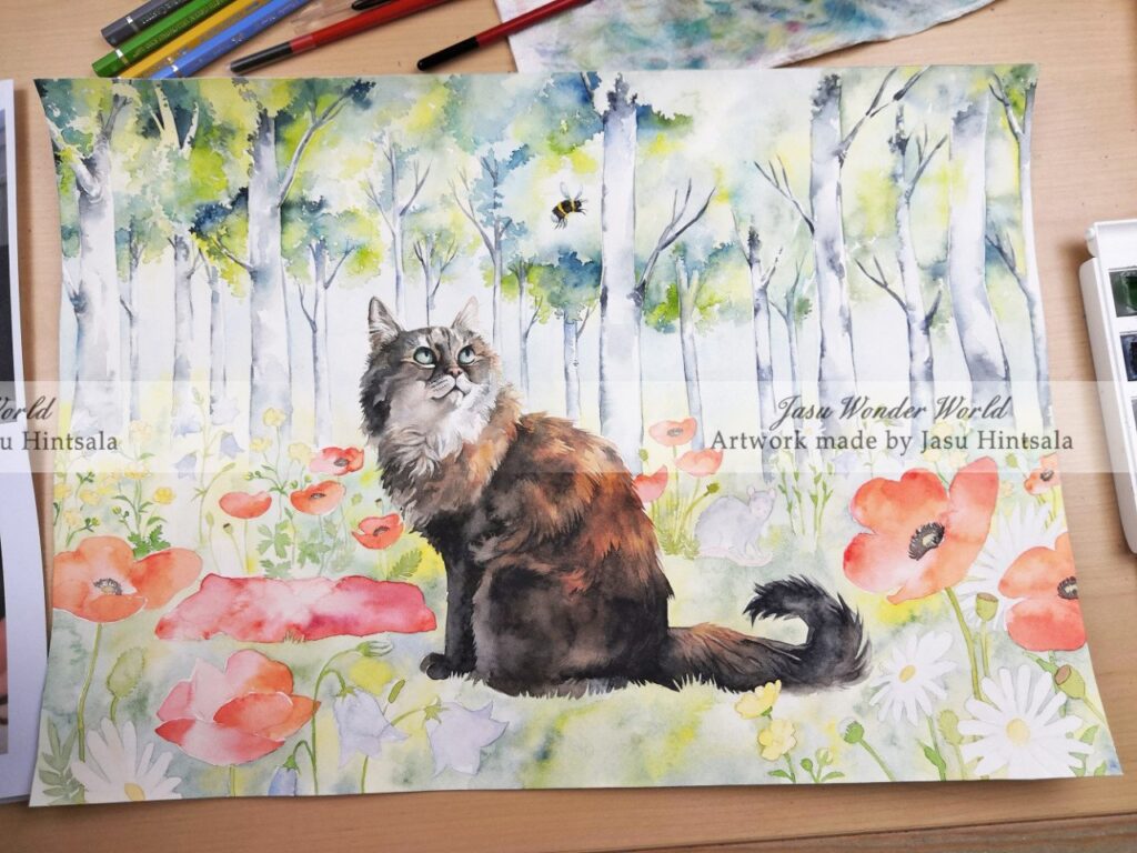 Watercolor Painting Commission: Cat on a Flower-Filled Forest Clearing