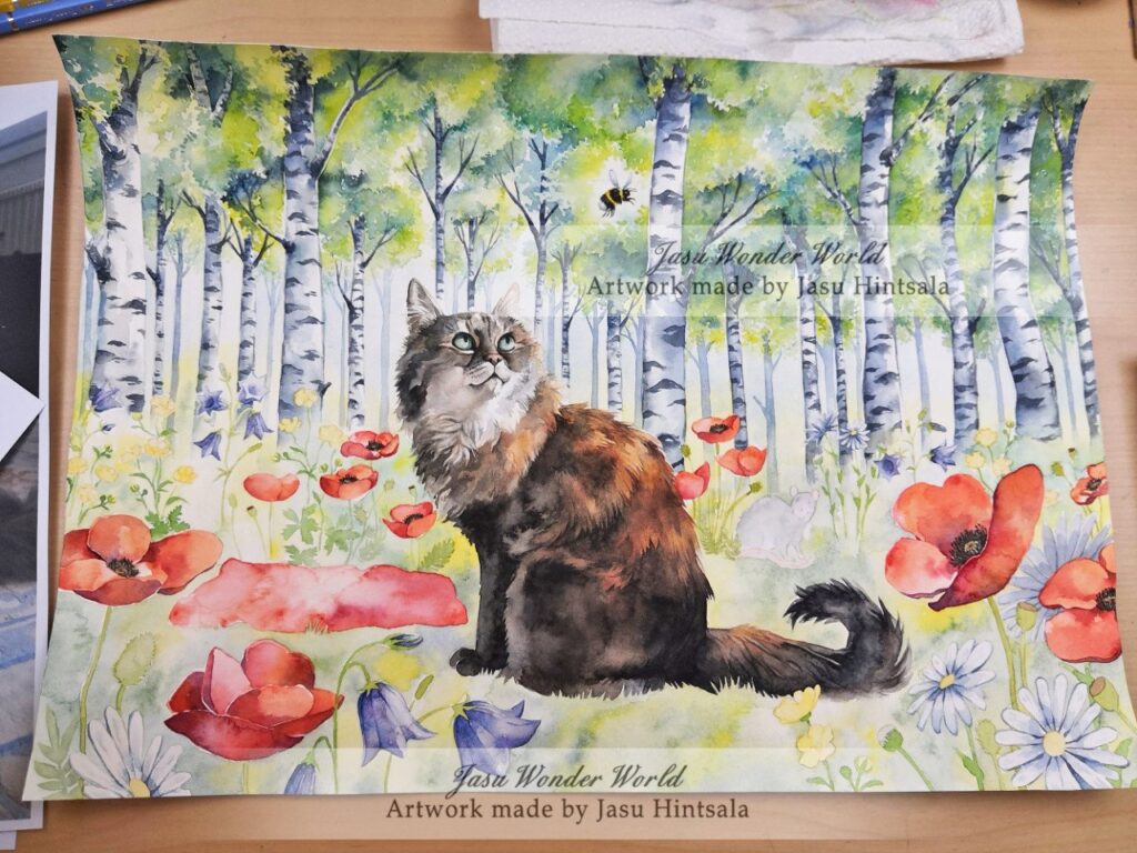 Watercolor Painting Commission: Cat on a Flower-Filled Forest Clearing