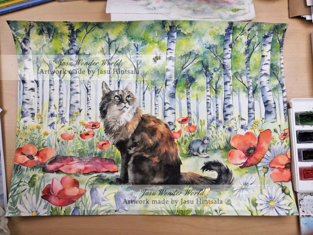 Watercolor Painting Commission: Cat on a Flower-Filled Forest Clearing