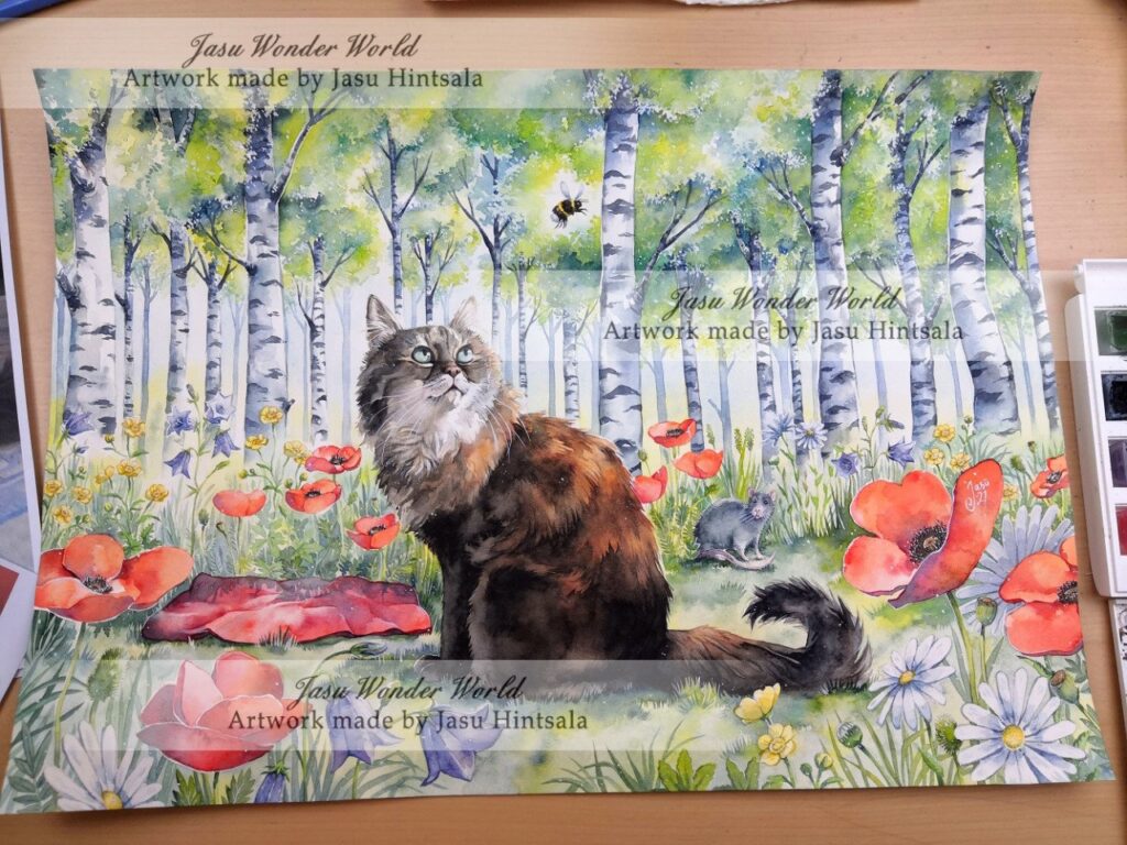Watercolor Painting Commission: Cat on a Flower-Filled Forest Clearing