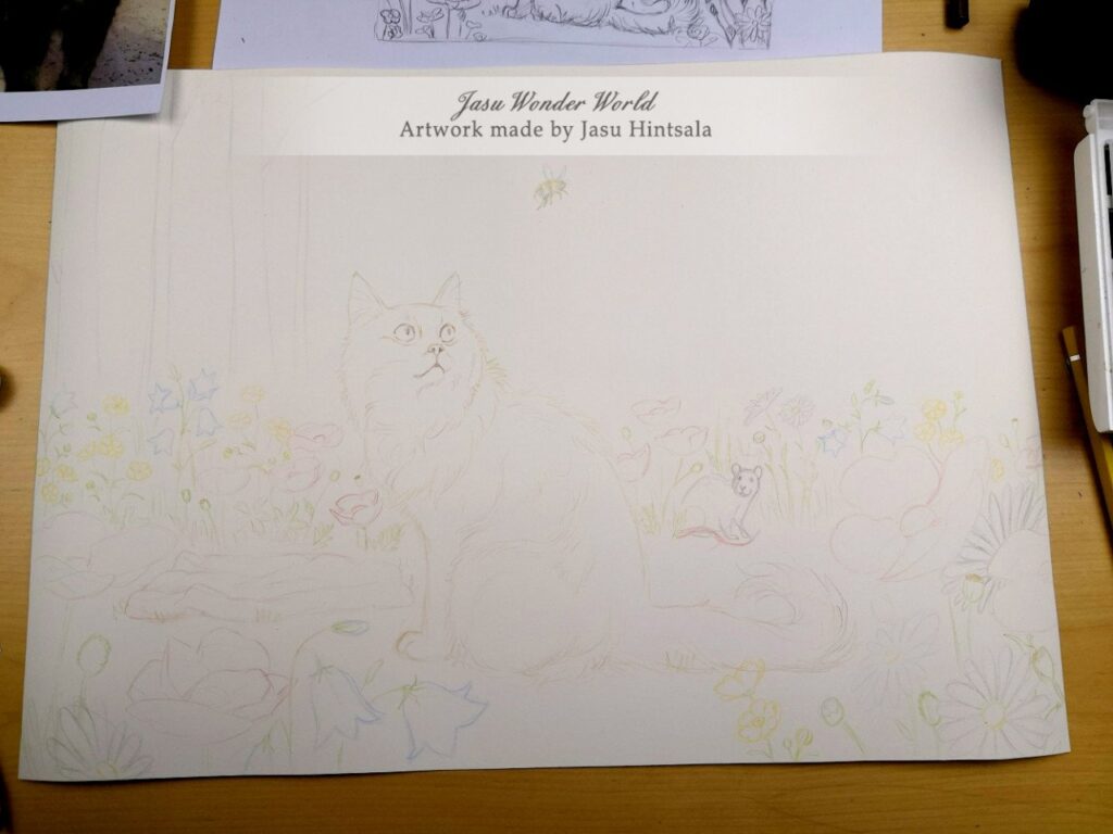 Watercolor Painting Commission: Cat on a Flower-Filled Forest Clearing