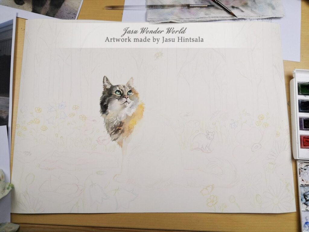 Watercolor Painting Commission: Cat on a Flower-Filled Forest Clearing