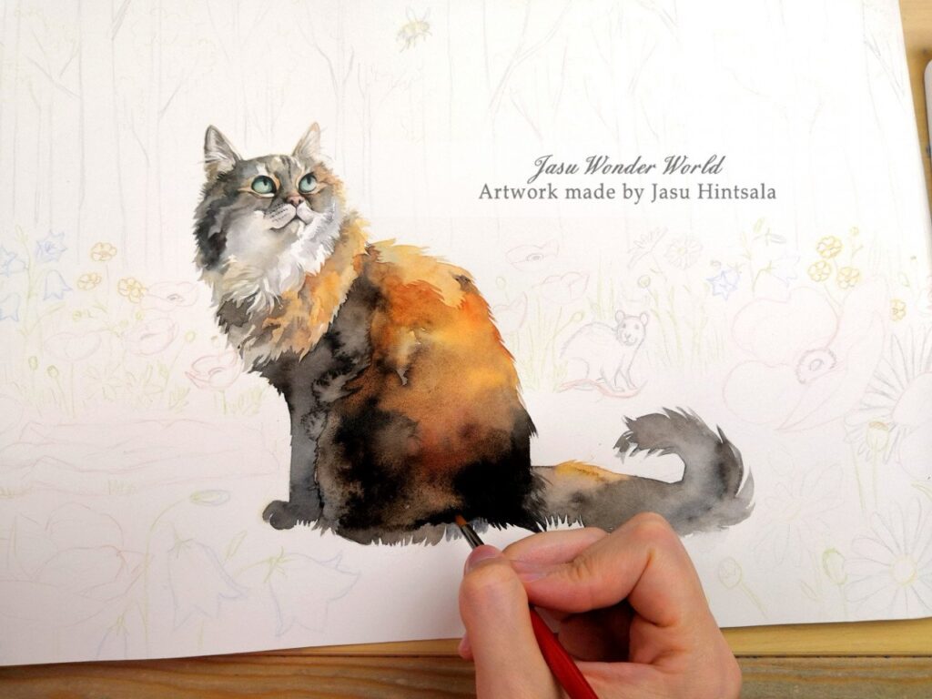 Watercolor Painting Commission: Cat on a Flower-Filled Forest Clearing