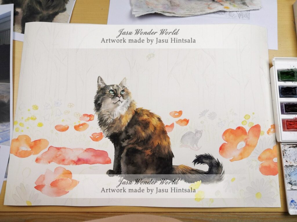 Watercolor Painting Commission: Cat on a Flower-Filled Forest Clearing