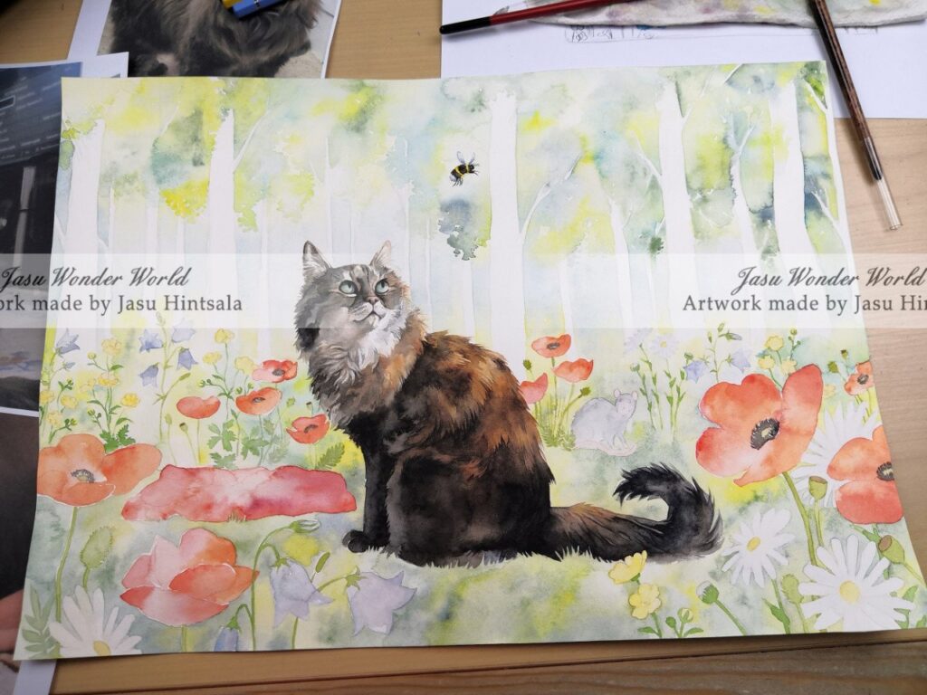 Watercolor Painting Commission: Cat on a Flower-Filled Forest Clearing
