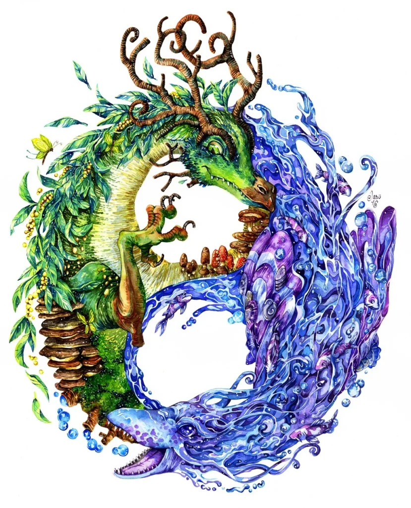 Yin & Yang Dragons watercolor by Jasu