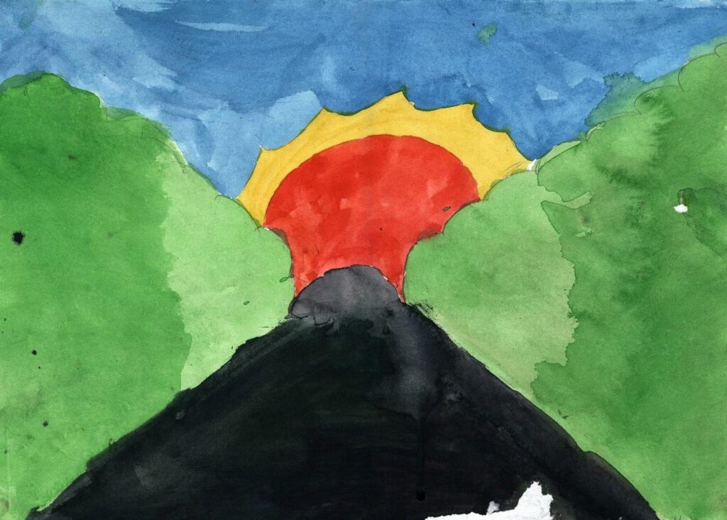 A quick, simple elementary-school painting of a volcano and a sun