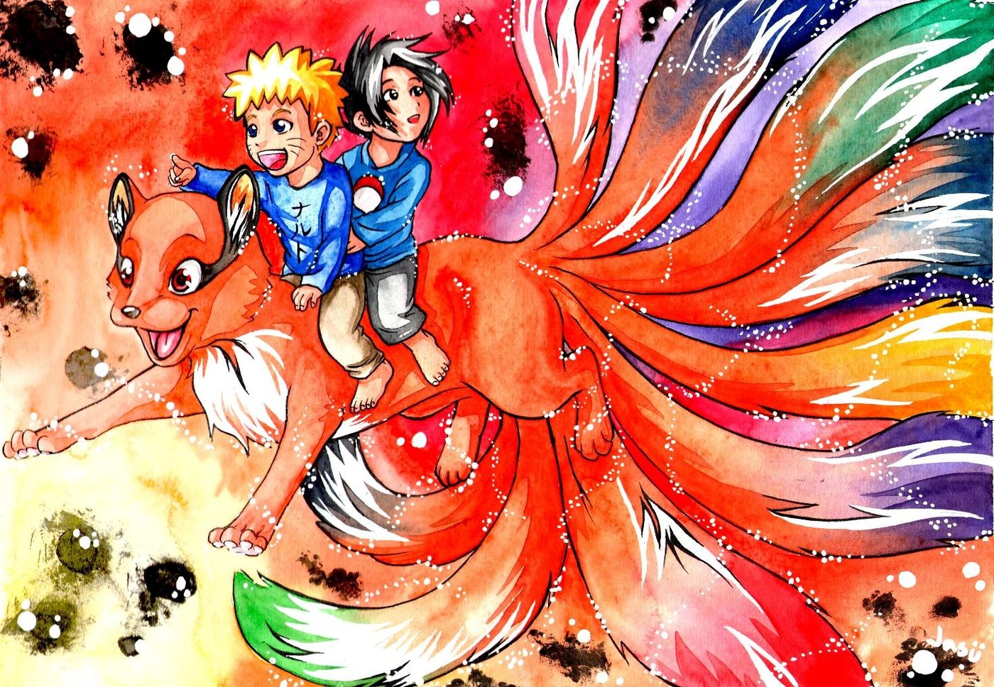 One of Jasu's very first watercolor paintings, made at 17: two boys riding a many-tailed fox