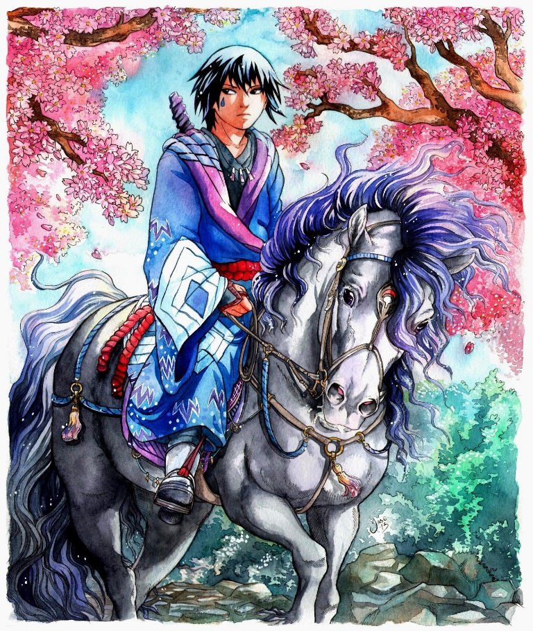Watercolor painting by Jasu at age 20: a rider on a grey horse under cherry blossoms